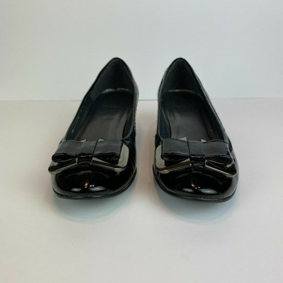 Stuart Weitzman Wedge Heels 5.5‎ Black Patent Leather Silver Bow Office Career - Picture 5 of 11